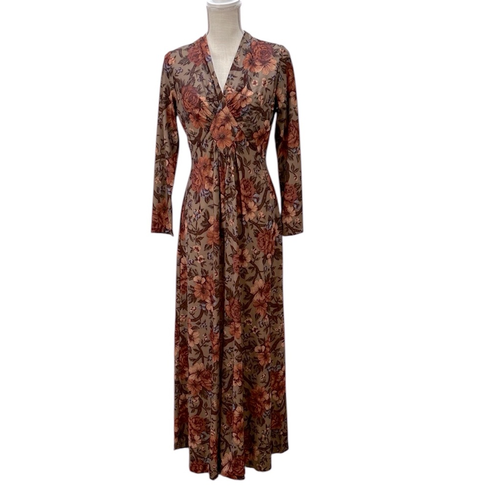 Vtg 70s Brown Floral Maxi Dress Long Sleeve Size 12 (Size 8) Made in USA Boho